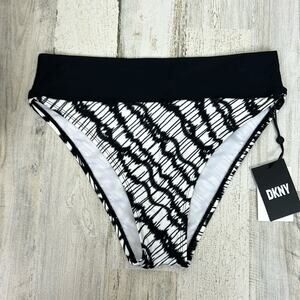 DKNY Women’s L Black White High Waist Bikini Bottom Summer Beach Swim NWT